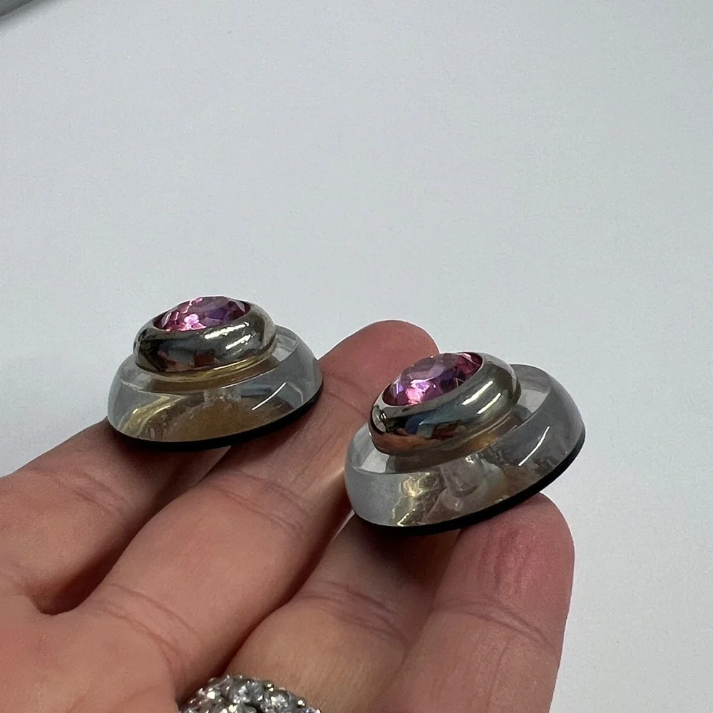 Diva Vintage Clear Lucite Pink Tourmaline Stone Silverplate Bezel Clip Earrings